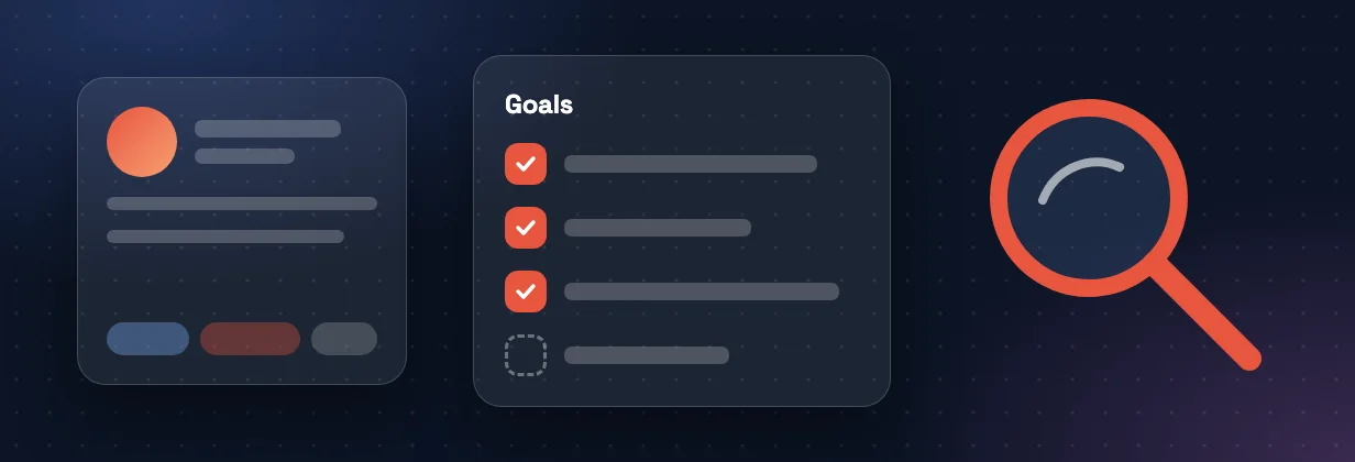 Discover phase: a user profile card, a checked goals list and a magnifying glass