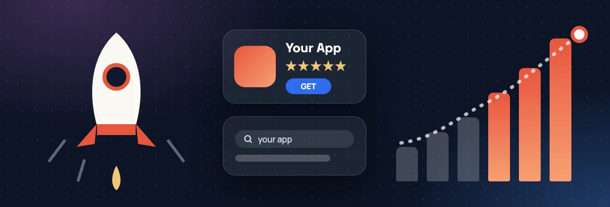 Launch and grow phase: a rocket, an app store listing, a search box and a rising growth chart