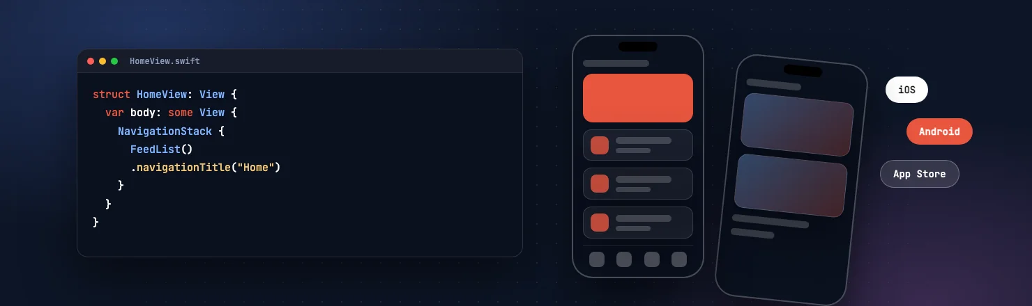 Swift code and two app screens for iOS and Android app development