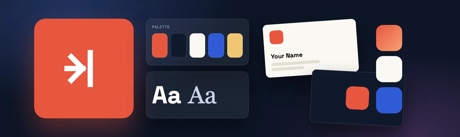 Brand identity with logo, color palette, typography, business card and app icons
